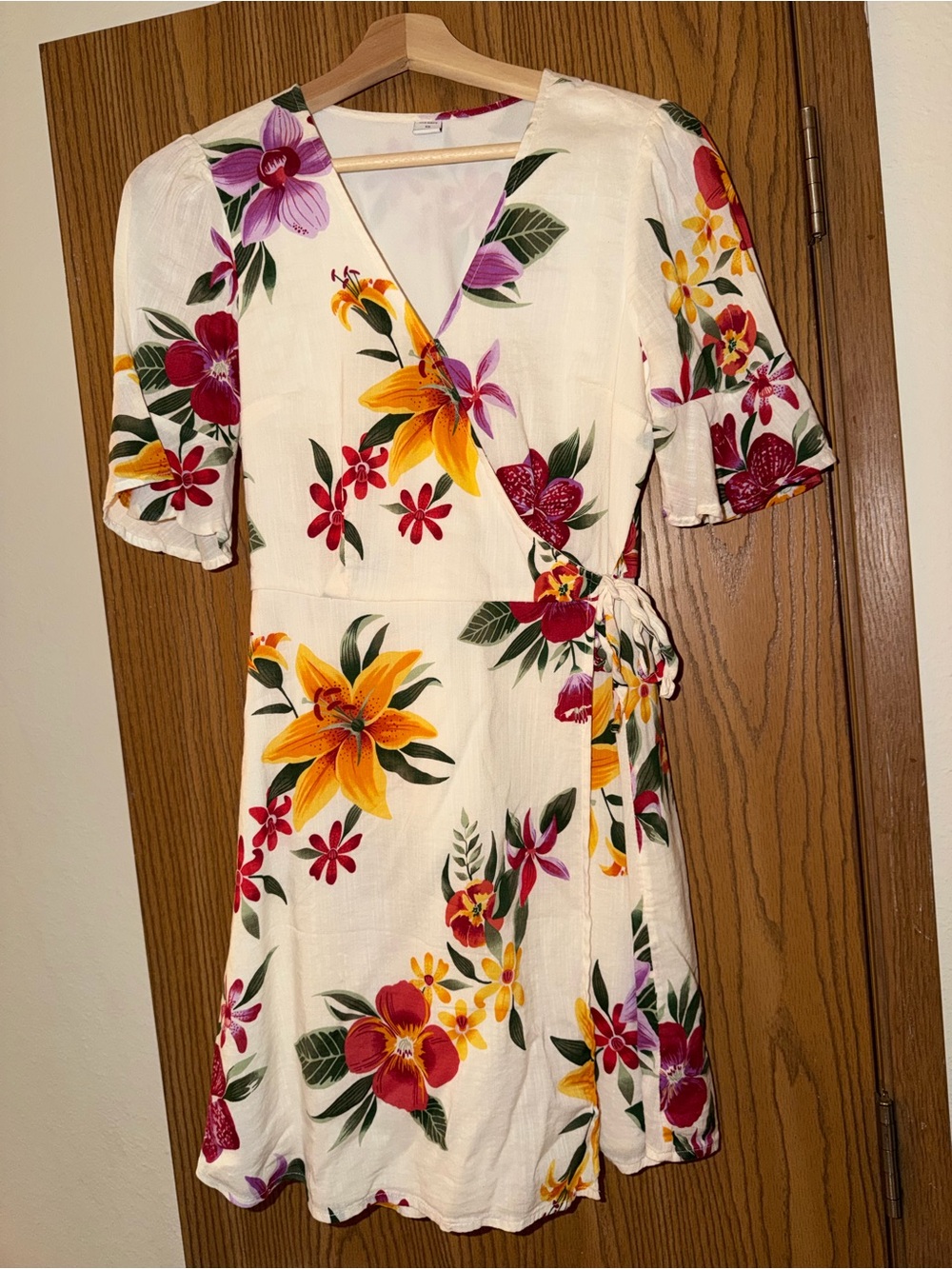 Old Navy Cream Floral Wrap Mini Dress with Yellow & Pink Blooms